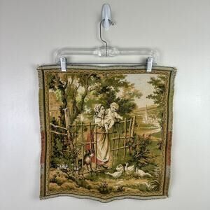 Vintage Tapestry Fabric Pastoral Landscape French Style Mother Child 18”x19”